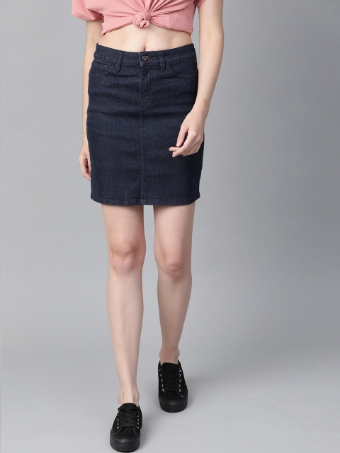 

Roadster Women Navy Blue Washed Denim Straight Skirt