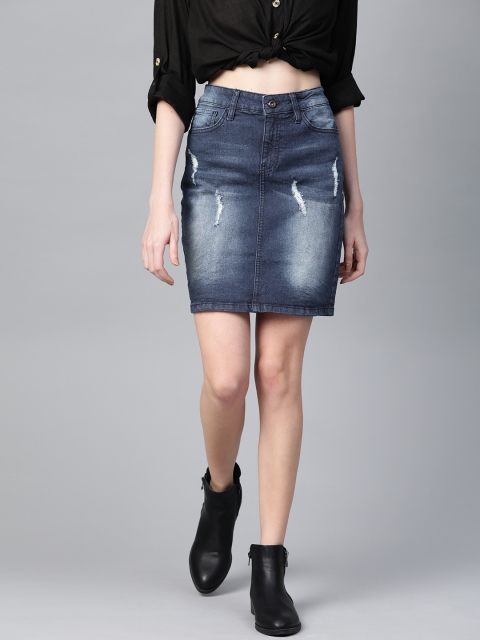 

Roadster Women Navy Blue Washed Denim Straight Skirt