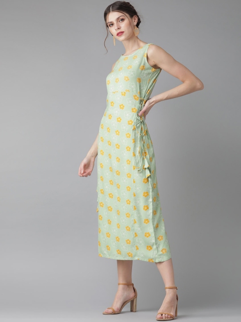 

AKS Women Green & Mustard Yellow Printed A-Line Dress