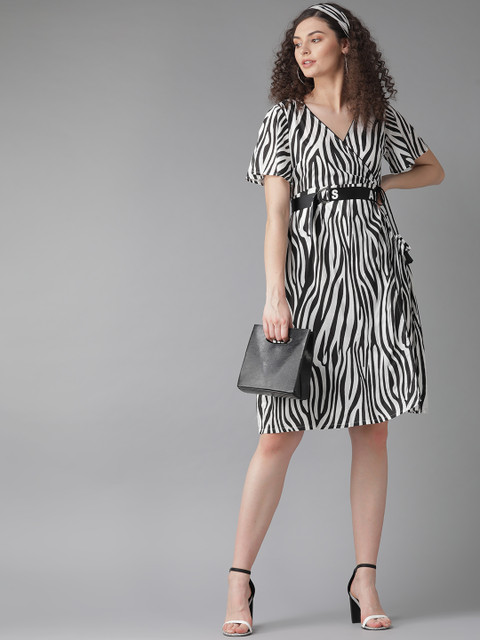 

AKS Women White & Black Animal Printed Wrap Dress