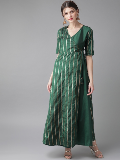 

AKS Women Green & Golden Striped Wrap Maxi Dress