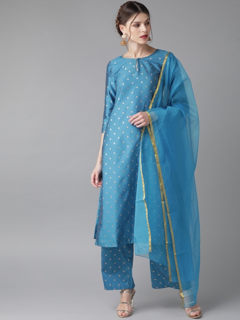 

AKS Women Blue & Golden Woven Design Kurta with Palazzos & Dupatta