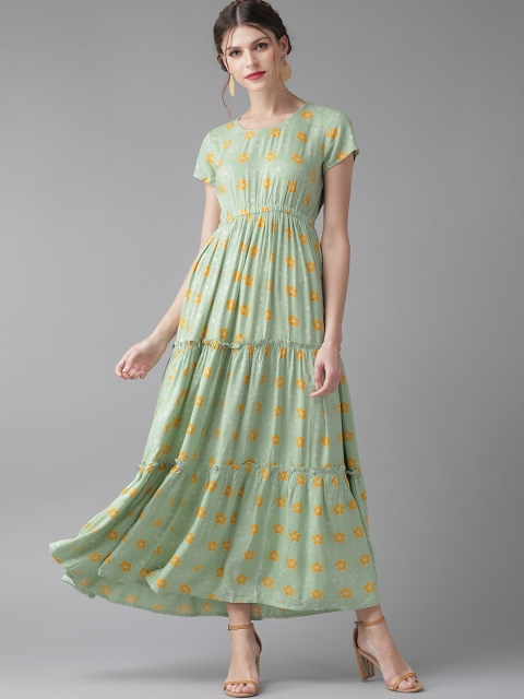 

AKS Women Green & Mustard Yellow Printed Tiered Maxi Dress