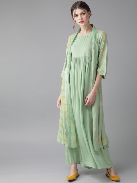 

AKS Women Green & Mustard Yellow Printed Layered Maxi Dress