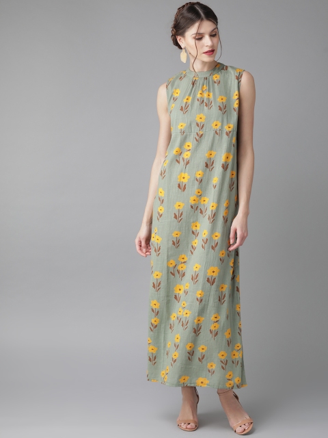 

AKS Women Green & Mustard Yellow Printed Maxi Dress