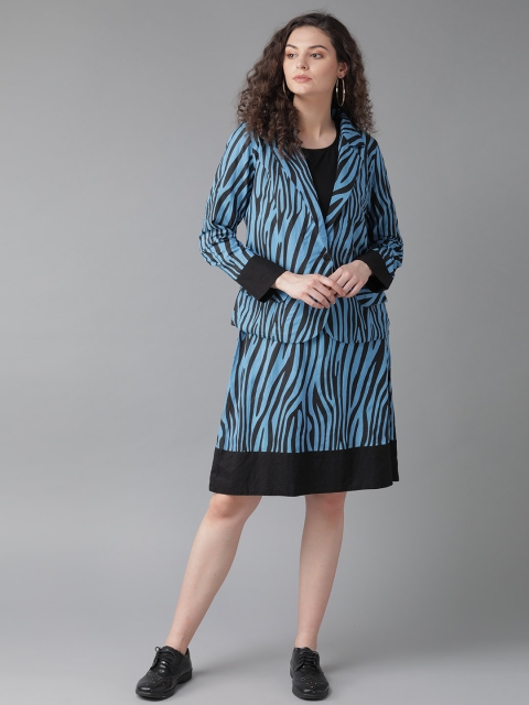 

AKS Women Blue & Black Animal Printed A-Line Dress with Jacket