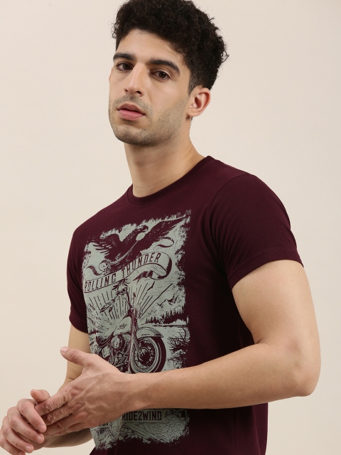 

Conditions Apply Men Burgundy Printed Round Neck Pure Cotton T-shirt