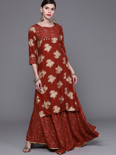 

AKS Couture Women Maroon & Golden Screen Print Kurta with Skirt