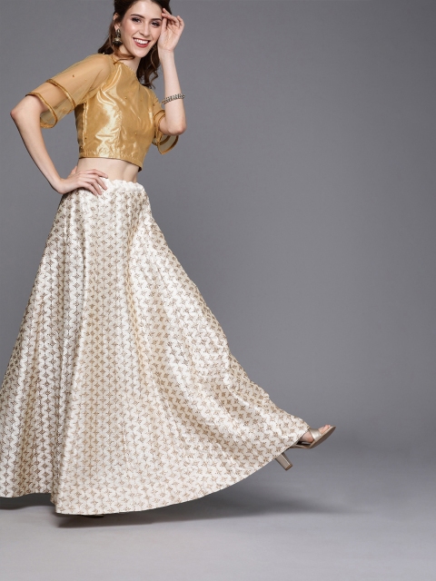 

studio rasa Women Net Pearl Embellished Bell Sleeves Crop Top, Gold