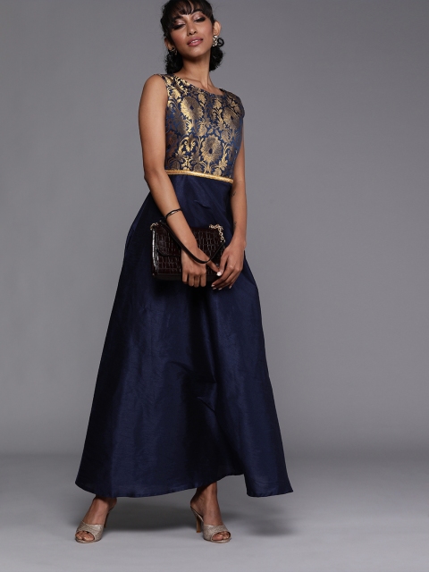 

studio rasa Women Navy Blue Embroidered Silk Brocade Maxi Dress