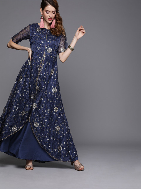 

studio rasa Women Navy Blue & Gold-Toned Embellished Layered Anarkali Kurta