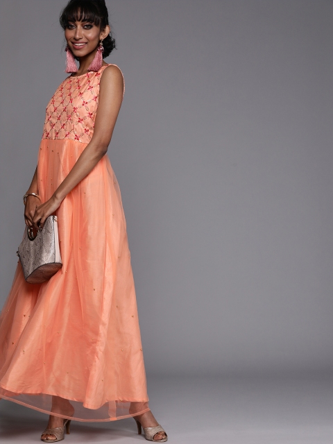 

studio rasa Women Peach-Coloured Silk Net Embroidered Maxi Dress