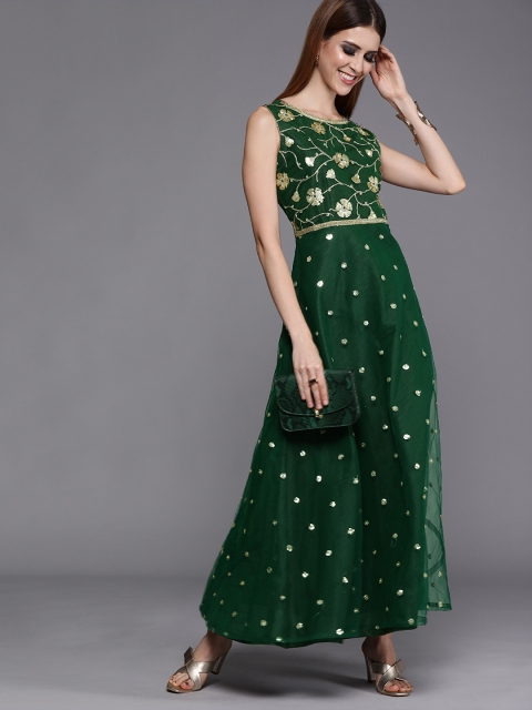 

studio rasa Women Green Net Sequin Embroidered Maxi Dress