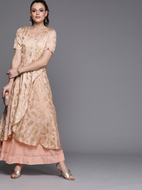 

studio rasa Women Peach-Coloured & Gold-Toned Printed Asymmetric Semi-Sheer A-Line Kurta