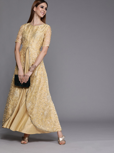 

studio rasa Women Gold-Coloured Embroidered Layered A-Line Kurta with Sequinned Detail