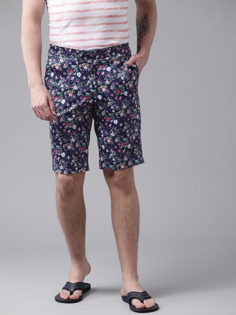 

Shaftesbury London Men Navy & Pink Printed Slim Fit Surfing Shorts, Navy blue
