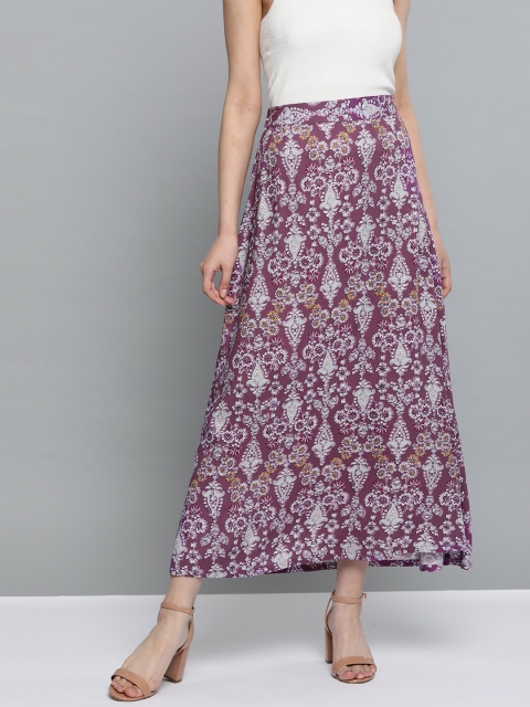 

HERE&NOW Women Purple & White Printed Maxi A-Line Skirt