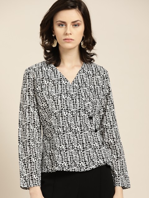 

Moda Rapido Women White & Black Printed Wrap Top
