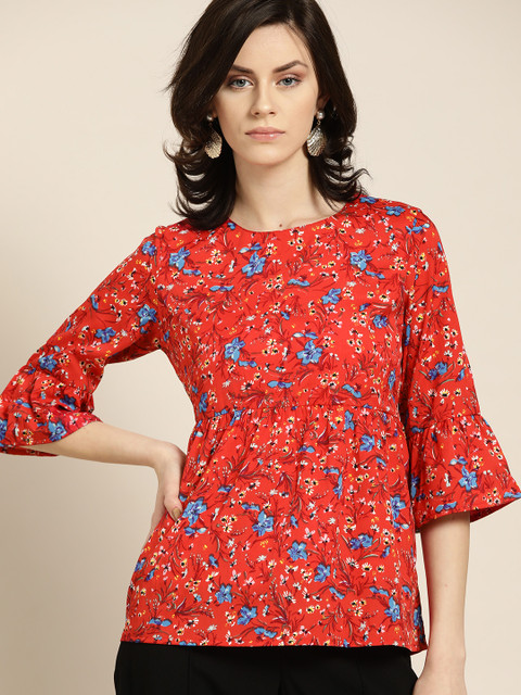 

Moda Rapido Women Red & Blue Floral Print A-Line Top