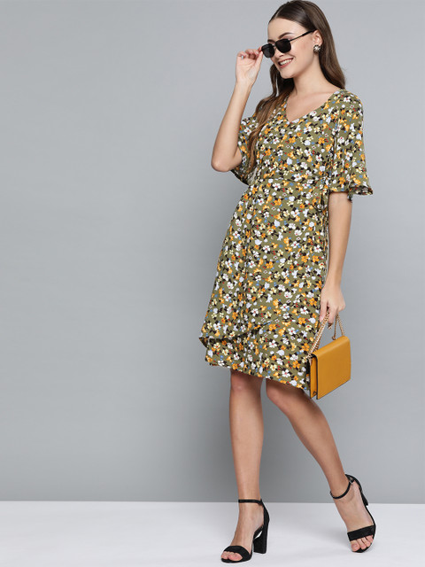 

HERE&NOW Women Olive Green & White Printed Wrap Dress