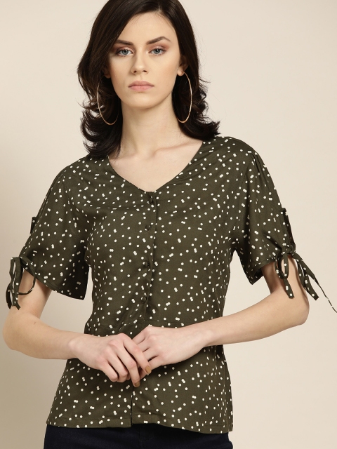 

Moda Rapido Women Olive Green & Off-White Printed A-Line Top