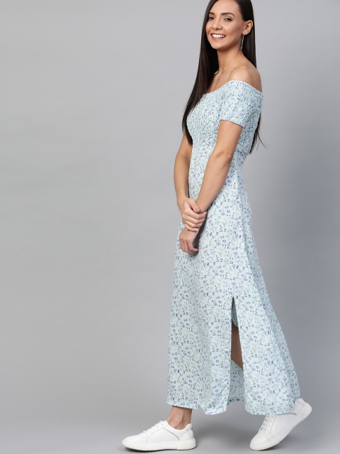

HERE&NOW Women Sea Green Floral Printed Smocked Off Shoulder Maxi Dress