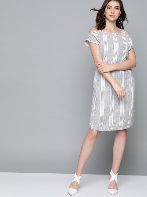 

HERE&NOW Women White & Black Self-Striped A-Line Dress