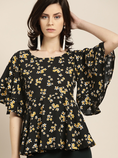 

Moda Rapido Women Black & Mustard Yellow Floral Printed A-Line Top