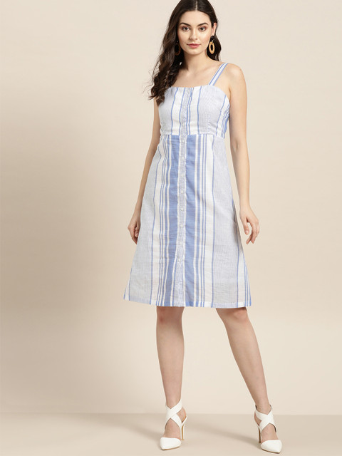 

Moda Rapido Women White & Blue Striped A-Line Dress