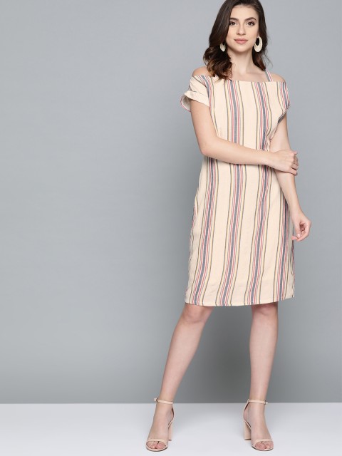 

HERE&NOW Women Beige & Navy Blue Cold-Shoulder Striped A-Line Dress