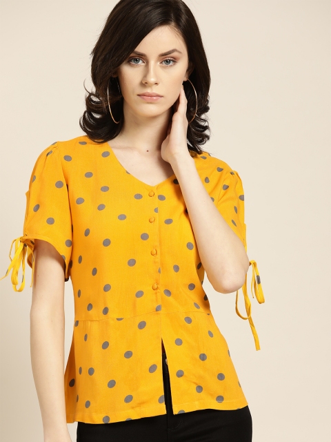 

Moda Rapido Women Mustard Yellow & Charcoal Grey Polka Dot Printed A-Line Top