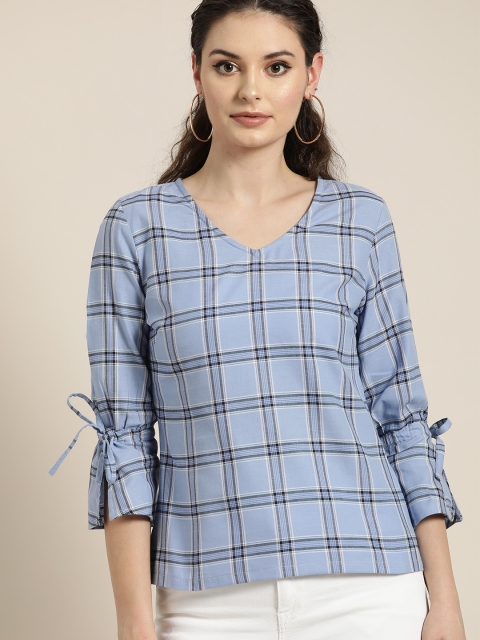 

Moda Rapido Women Blue & Black Checked Pure Cotton Top