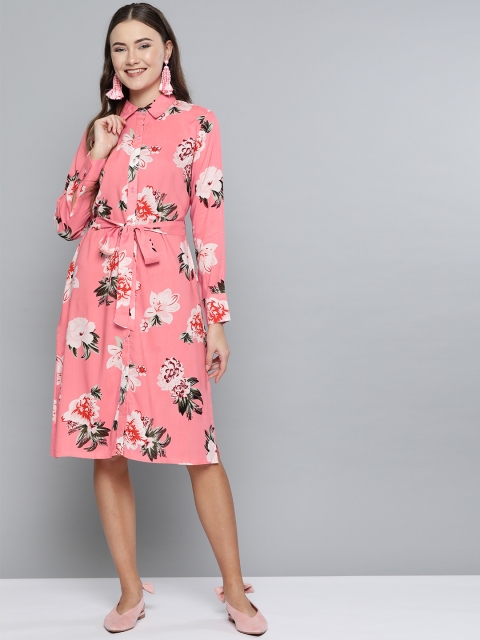 

HERE&NOW Women Pink & Green Printed Shirt Dress With Belt