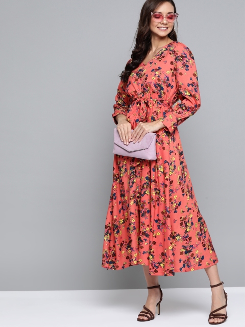 

HERE&NOW Women Coral Pink & Blue Floral Print A-Line Dress