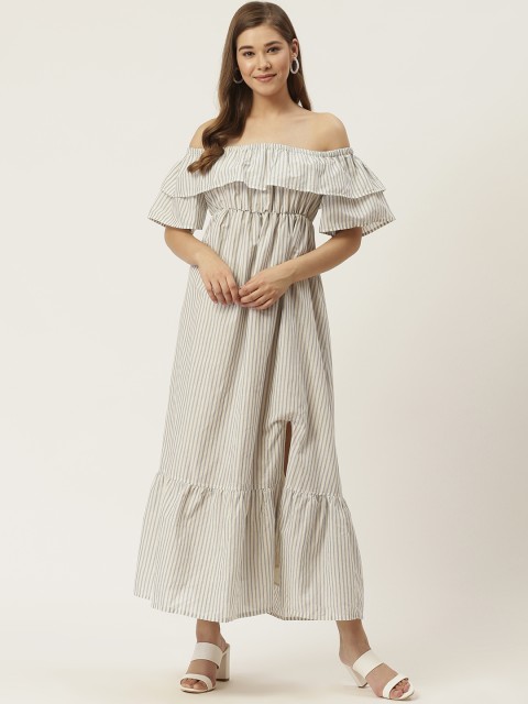 

HERE&NOW Women Off-White & Grey Striped Maxi Tiered Dress