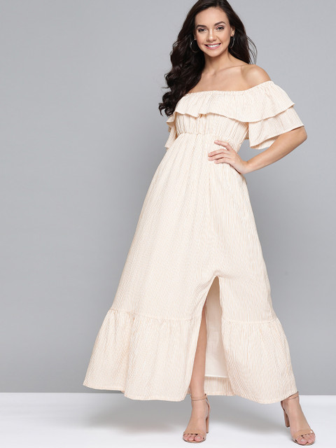 

HERE&NOW Women Off-White & Mustard Yellow Striped Layered Off-Shoulder Maxi Dress