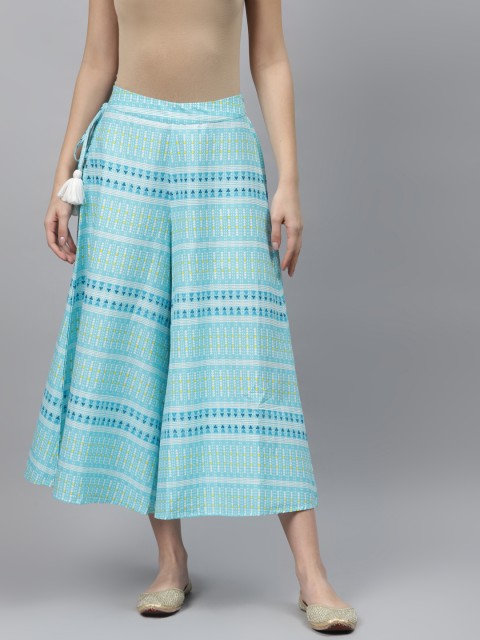 

AURELIA Women Blue & White Printed Wide Leg Pure Cotton Cropped Palazzos