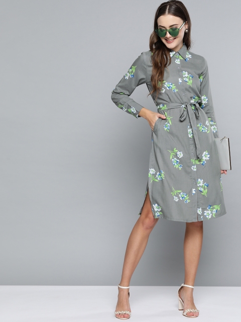 

HERE&NOW Women Charcoal Grey & Green Floral Printed Shirt Dress