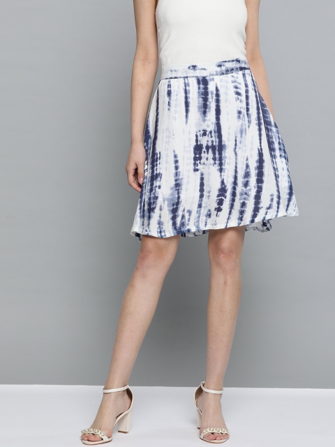 

HERE&NOW Women White & Blue Dyed A-Line Skirt