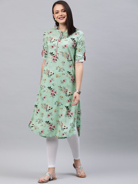 

Alena Women Sea Green & Pink Floral Printed Straight Kurta