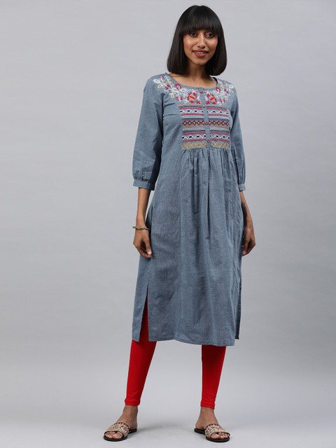 

Alena Women Blue Embroidered A-Line Kurta With Gathered Detail