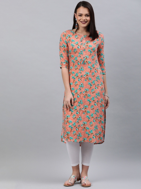 

Alena Women Peach-Coloured & Blue Floral Print Straight Kurta