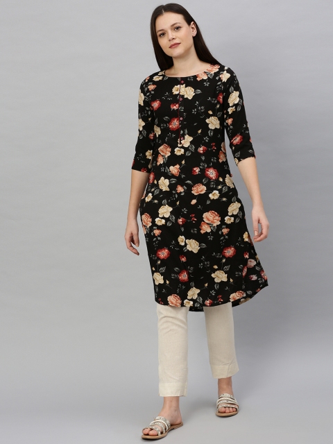 

Alena Women Black & Peach-Coloured Floral Printed Straight Kurta