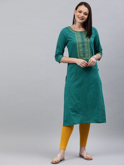 

Alena Women Teal Green Embroidered Straight Kurta