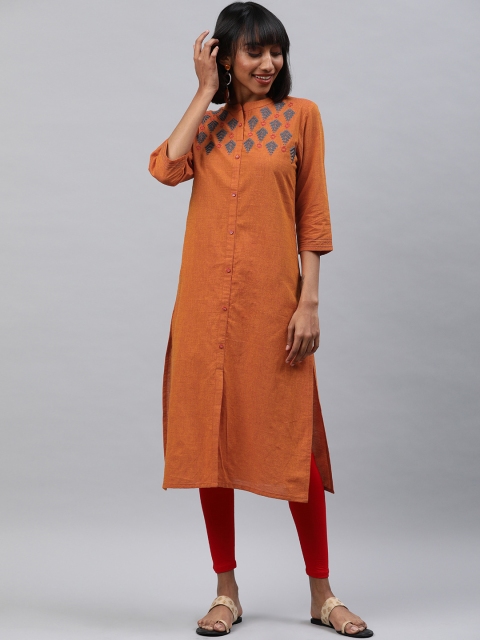 

Alena Women Rust Orange Yoke Design Fusion A-Line Kurta