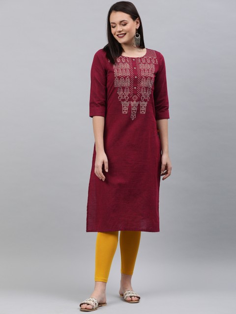

Alena Women Maroon Embroidered Straight Kurta