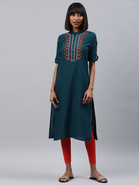 

Alena Women Teal Blue Yoke Design Straight Kurta