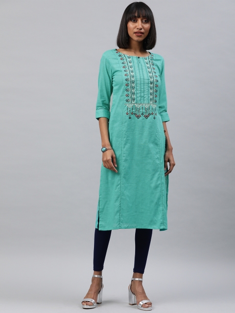 

Alena Women Turquoise Blue Embroidered Straight Kurta