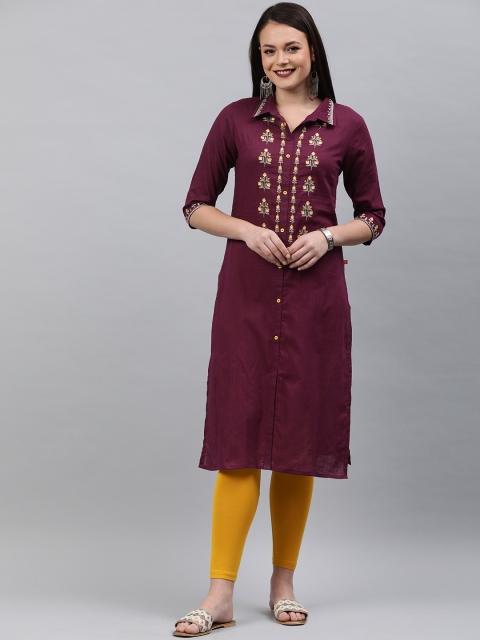 

Alena Women Burgundy Embroidered Straight Fusion Kurta