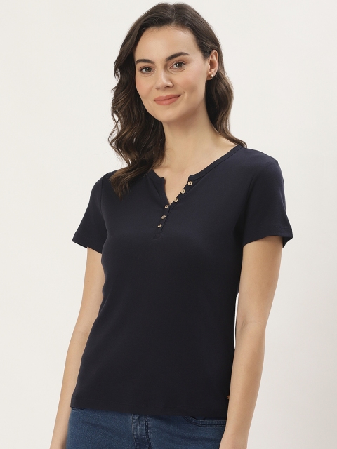 

Madame Women Navy Blue Solid Round Neck T-shirt